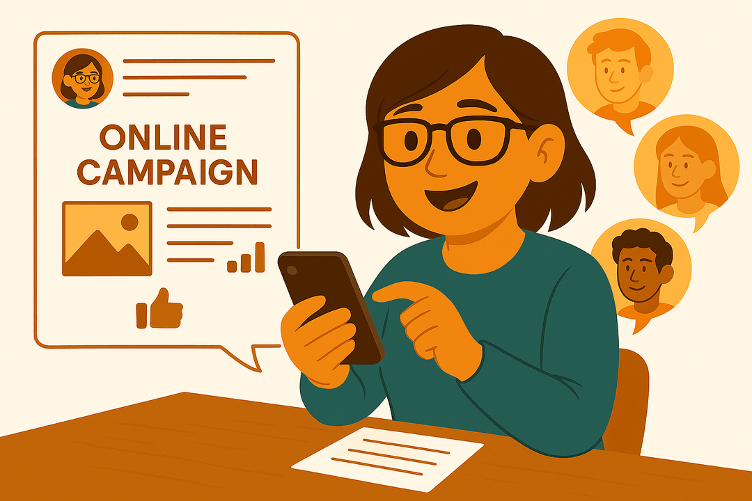 Illustration of woman sharing a campaign through the platform